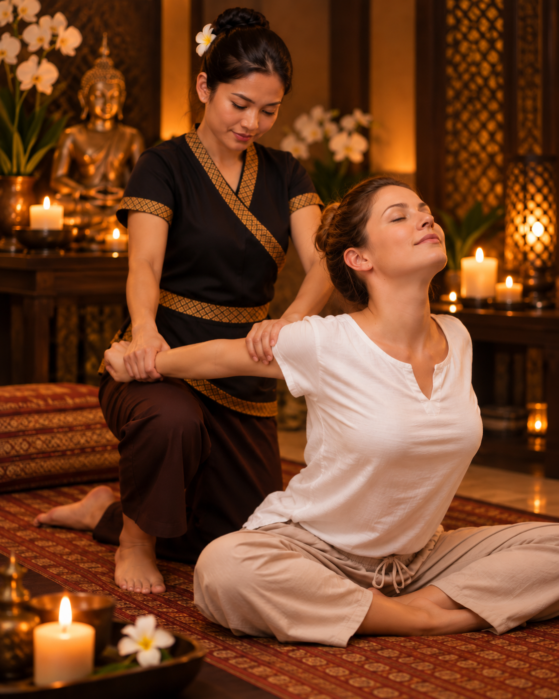 Traditional Thai yoga massage treatment with assisted stretching in a relaxing spa setting